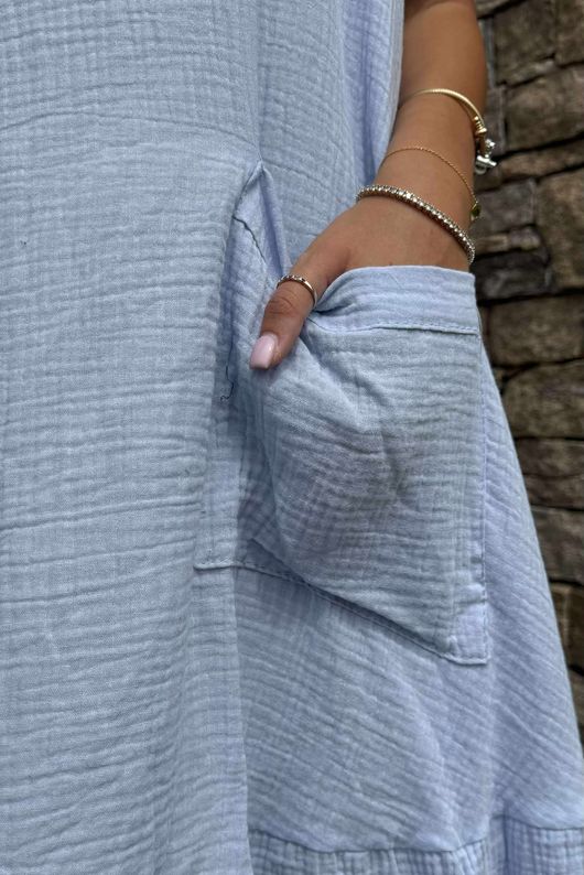 Made in Italy Pia Pillow Cotton Patch Pocket Peplum Dress Sky /26
